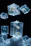 Placeholder: Very realistic, hyper-detailed atmospheric professional photography of a surreal "Blooming Ice" sculpture. Giant translucent ice blocks levitate midair against a dark velvet background, softly spinning in slow motion. Inside each ice block — frozen exotic flowers: orchids, lilies, sakura blossoms, and ethereal vines, suspended in crystal-clear water. Intricate frost patterns and delicate silver cracks cover the surfaces of the ice, catching the light. Soft diffused rim lighting with subtle warm