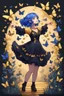 Placeholder: Girl with blue hair in black and gold dress dancing with butterflies, stardew, valley style