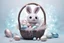 Placeholder: cute chibi plushy fluffy knitted and embroidered natural colored easter bunny in basket, feathers, easter eggs, iridescent flowers incorporated, light emitting, cracked bioluminescent holographic marble background, silver foil, sparkling diamonds, holographic raw pearls, ethereal, cinematic postprocessing