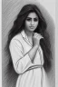 Placeholder: Pencil sketch of Young woman , nurse , Arab features,sad, long wavy hair, full body، on lined paper