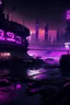 Placeholder: pos-apocalyptic cyberpunk city with destroyed buildings, a plubicity showing the number "2222", illuminated purple neon, dark, high contrast