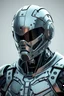 Placeholder: Create a whole body image of a future advanced robot character with on an advanced robotic and mechanical biker . The head is entirely covered in shiny metal armor, and the face must remain in that position.