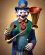 Placeholder: happy old friendly clown with round head and trimmed beard playing jazz with a steampunk theme, trumpet on mouth, circus,dreamy