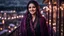 Placeholder: Hyper Realistic Photographic View Of A Gorgeous Pashto Young Woman (Wearing Long Purple Coat With Black Dress With White Embroidery & Wearing Maroon Scarf) Alone Happily Standing & Giving a Bold Smile With Dimples On Her Cheeks In Her (Black Walled) On Her Fancy Balcony Decorated With Fairy Lights With Her Beautiful Long Black Hair With Heavy Rainy Night Showing Dramatic & Cinematic Ambiance.