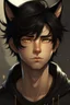 Placeholder: A young male with messy black hair, gold eyes, black cat ears, realistic