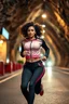 Placeholder: a modern city jewell lights , a beautiful fashion model lady with cute,curvy hair,makeup, in pretty sport suit is running in street ,dynamic camera fallow her inside cave capturing full body, dynamic lights.