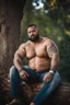 Placeholder: close up photography of a marocan 40 years old seated on a tree trunk in the wood, burly chubby muscular overweight, with opened shirt on manly chest, white bulging boxer, shirtless, hairy , golden hour, tatoo, Cinematic, 35mm lens, f/1.8, accent lighting, global illumination, frontal view from the ground