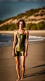 Placeholder: beautiful anorexic woman, standing frontal, full body shot, short shiny olive triathlon swimsuit, wavy bob haircut, photographed in front of beach, raw