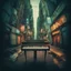 Placeholder: Fender Rhodes Electric Piano placed in the middle of the ghetto taken from bird perspective, late at night