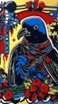 Placeholder: A contemporary serigraphy by Matisse of a human-like crow with a punk leather jacket within a Christmas atmosphere.