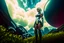 Placeholder: Wide-angle photo of a slim sci-fi woman with blond hair, wearing a silver and black futuristic android-like spacesuit, standing on an alien cloud tree jungle planet