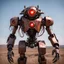 Placeholder: trash mech suit, human-sized, made of scrap metal, small, cockpit, light rust, round, one red glowing eye, loose wires