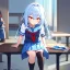 Placeholder: Clear focus, High resolution, long fluffy light blue hair, hair between eyes, long locks, wearing a sailor uniform, wearing a sailor skirt, long black socks, 1girl, cartoon, cute, UNFOTABLE studio, red tie, sitting, outside setting, nothing infront of character, sitting on floor, 1girl