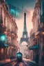 Placeholder: Lisbon city view in fantasy cyberpunk style with famous tram and eiffel tower in background