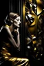 Placeholder: Create a conceptual photograph of a female figure, SALVADOR DALI STYLE MIXED WITH GUSTAV KLIMT STYLE AND TAMARA DE LEMPICKA STYLE, 3/4 SIDE VIEW, SILVER, GOLD, BLACK COLORS in a contemporary setting, incorporating provocative, thought-provoking elements. The image should demonstrate the confidence, strength and vulnerability of the subject. Consider using symbolic objects, abstract shapes, or artistic expressions that convey a strong message. The style and lighting should be modern, avant-garde