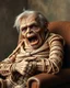 Placeholder: a chubby really old decrepit realistic male mummy, looks similar to donald trump, leaned over in a brown chair, mouth open