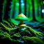 Placeholder: "Close up of a wonderful tiny Mushroom Tower home. green and yellow with bright white, deep black and contrasting tones of gray. Illuminated bioluminescent forest. Professional painter, master at composition. small but detailed. broken, blurred background, voluminous lighting"