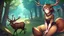 Placeholder: One Girl, forest, sit , deer hoof foot, brown hair,, deer face, deer tail, derr hand