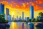 Placeholder: Amazing sunset, buildings, lake, rocks, distant city, trees, sci-fi, claude monet impressionism paintings