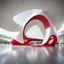 Placeholder: Messe Dornbirn exhibition centre entranceway, Marte.Marte architects, dramatic modernist red asymmetrical elliptical semi-circular framed entrance to a large white art exhibition building, stylish, sleek, flowing biomorphic architecture, by Toyo Ito