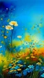 Placeholder: a smear . Field of wild a colorful flowers watercolor drawing on a blue splash colors background with a beautiful white butterfly