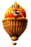 Placeholder: Color illustration of a ultra photo realistic happy red fox sitting inside a detailed wicker basket which is hanging below a perfect round orange colored hot air ballon on a white backgound, the fox is not inside the ballon, you can see the fox's tail, nothing should be hanging from the basket, full image of hot air ballon, every element; fox, wicker basket, ballon should be in proportion to one another, in the background you can see the leaning tower of Piza