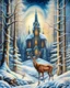 Placeholder: painting of a deer in a snowy forest with a church in the background, winter scene fantasy, cosy enchanted scene, beautiful depiction, inspired by Terry Redlin, magical scene, snowy winter scene, winter scene, winter painting, by Cindy Wright, beautiful detail, in a snowy forest setting, by Doris Blair, wintery scene, amazing detail, warm, stunning artwork, vintage, nostalgic style