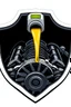 Placeholder: inside a parks shield shape, front of a car engine icon with fan and belts, with a 1litre oil bottle above pouring oil into oil hole of the engine, vector illustration