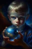 Placeholder: book cover illustration, oil painting portrait of metallic sleeping slightly cute smirking innocent blue eyed vampire holding small earth on a platter, bokeh , high detail, smooth render, prize winning, down light, depth of field, aura