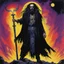 Placeholder: Art by Steve Rude: Singer Rob Zombie with black dreads and black wild beard as a fantasy necromancer holding a glowing black ram staff and wearing black magic robes