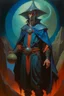 Placeholder: 1970's dark fantasy cover dnd style oil painting of a mage hero with sport outfits with minimalist far perspective. Magazine.