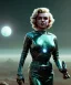 Placeholder: Ultra Realistic retro sci-fi 1960 scene, waist up view portrait, blonde woman, sweet young Marilyn Monroe face, perfect iris, tight latex coat, alien planet background, tight style, steel sphere dron levitating, fog, rain, soft color, highly detailed, unreal engine 5, ray tracing, RTX, lumen lighting, ultra detail, volumetric lighting, 3d, finely drawn, high definition, high resolution.