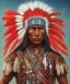 Placeholder: Guaicaipuro, native american face, Muscular warrior, three red feathers headdress, holding spear