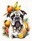 Placeholder: create an ethereal, illustration of a divine cartoon bulldog with soft facial features and a seductive look on a plain white background surrounding bulldog, in the style of Ralph Steadman, with a headpiece of tropical fruits, bananas, pineapples, citrus, cream, orange,painted in a faded colors,