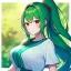 Placeholder: Clear focus, 8k, beautiful lighting, vibrant colors, girl, green hair, long hair, red eyes, ponytail, summer clothes, summer background,