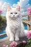 Placeholder: in the center: beautiful chunky fluffy white cat sitting on a bridge, under the brigde flows a small blue river; background: landscape; first plan: pink flowers; back ground: white clouds, butterflys flying in the sky