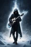 Placeholder: A man with hood holding a guitar standing by a musical abyss in an icy winter with cold sparks flying