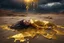 Placeholder: A hyper-realistic photo, beautiful woman lying on ground disintegrating into gold dripping ink and slime::1 ink dropping in water, molten lava, full body , 4 hyperrealism, intricate and ultra-realistic details, cinematic dramatic light, cinematic film,Otherworldly dramatic stormy sky and empty desert in the background 64K, hyperrealistic, vivid colors, , 4K ultra detail, , real photo, Realistic Elements, Captured In Infinite Ultra-High-Definition Image Quality And Rendering, Hyperrealism,