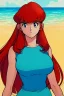Placeholder: 1girl, retro anime, 80's, redhead,portrait, synth-wave , beach