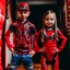 Placeholder: a brother and sister with their spiderman suits on with spider man into the spiderverse style