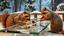 Placeholder: ice bear squirrel raccoons playing mini golf nuts hockey on super long glass table on ceres