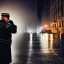 Placeholder: large muscular police officer speaking to a muscular man wearing a trench coat, downtown snowy new york at night, dramatic, dramatic lighting, volumetric lighting, hyperrealism, 8k, high quality, photorealistic, lot of details