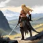 Placeholder: the blonde barbarian with a braid (sword and sorcery adventure) Hours of riding pass. The landscape shifts from rolling hills to a desolate, rocky waste where the vegetation is stunted and blackened, clinging to the soil with a desperate, claw-like grip. The air grows thick with the scent of sulfur and old ash. The terrain turns treacherous. The wide road dissolves into a narrow, winding trail of shale and broken slate that clings to the side of the mountain. The mare grunts, her muscles straini