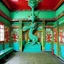 Placeholder: A mint colored Japanese dojo with a dragon designed in Matryoshka dolls painted by Salvador Dali