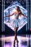 Placeholder: stage inside of a 3d crystal hexagon lovely light reflections ,full body shot of very beautiful lady skirt and bluse , Braided hair ,dancing in stage in the crystal cube pretty makeup,full cube shot