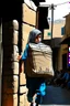 Placeholder: A Palestinian child carries on his shoulders a large bag with windows and doors