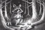 Placeholder: At dusk a curious raccoon explores the forest. Tiptoeing into human campsites, intrigued by human artifacts they found.- Pencil drawing, realistic, graphite