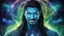 Placeholder: beautiful gorgeous young man na'vi with long hair, Avatar, blue skin, two small ears, green eyes, black hair, in cosmic suit, galactic ambiance, medium pointy goatee , smiling, nebulas and sacred geometry light figures on the backgroud,