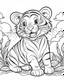 Placeholder: create a 2d black outline, "safari smiling cartoon baby tiger coloring book for toddlers", coloring page, low details design, black contour, coloring page design, simple background, colorful , card style, coloring page for kids, white background, sketch style, safari landscape, cartoon style