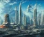 Placeholder: Space Center on a heavy industrialized planet with a futuristic city in the background, retrofuturistic, art by John Berkey, starting spaceship in the foreground, buildings with glass facades, brutalist architecture, insanely detailed, vibrant, 8k uhd, cinematic atmosphere, ultra-wide angle, street level view, brush strokes, blue sky with clouds, sharp focus